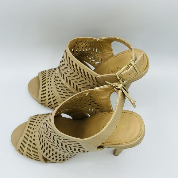 Express Shoes Womens Size 6.5 Tan Beige Heels Bootie Stiletto Ankle Strap Buckle - Picture 6 of 10